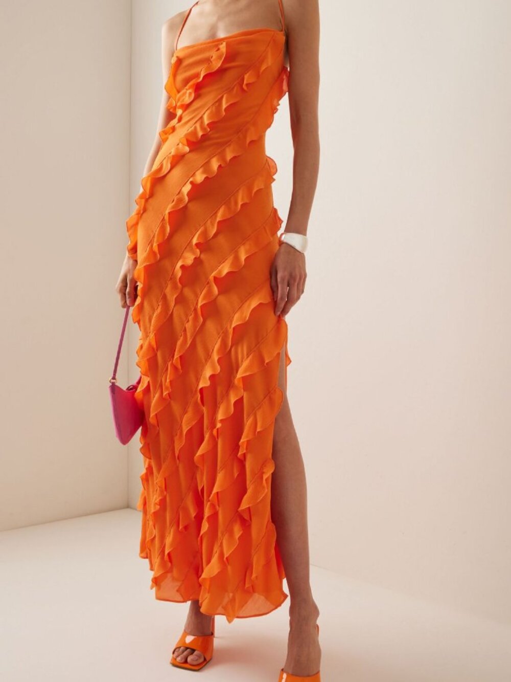 Orange Spaghetti Strap Diagonal Ruffle Slit Midi Dress